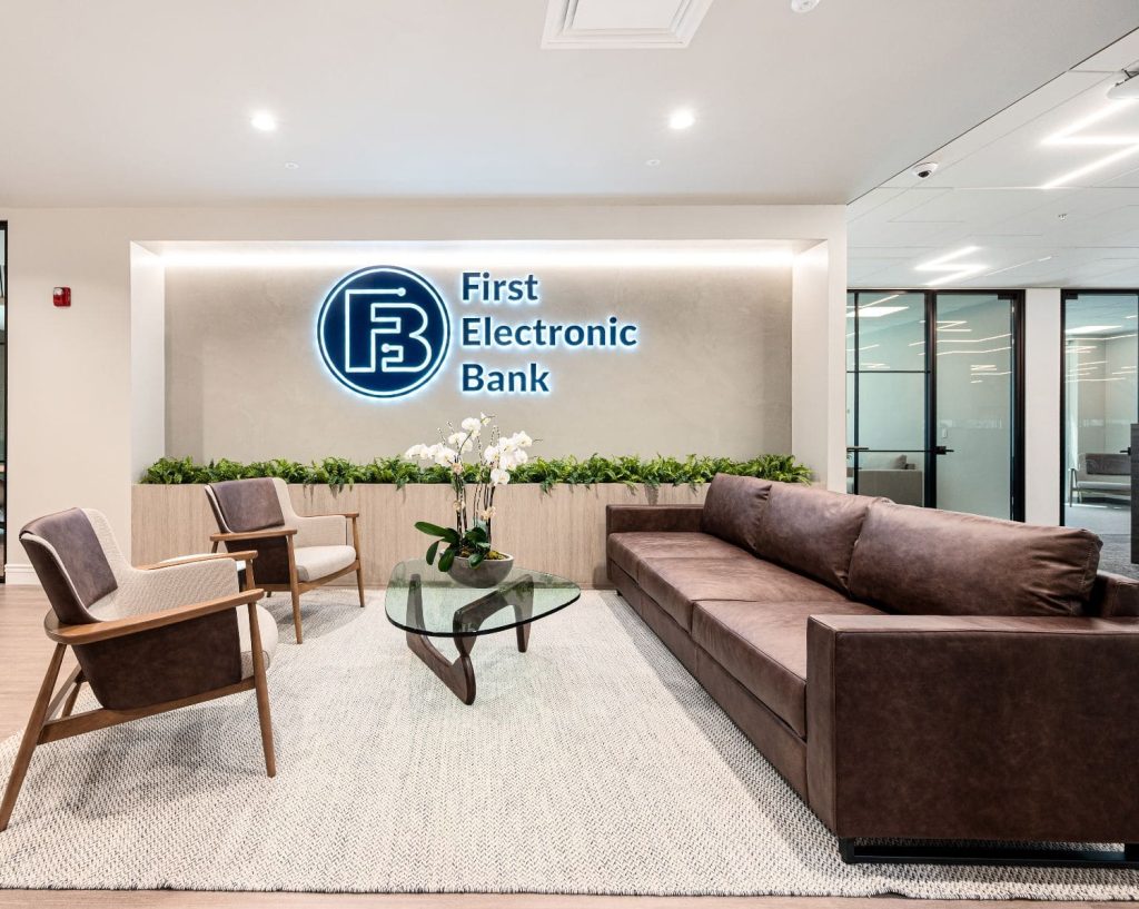 Modern bank lobby with seating area