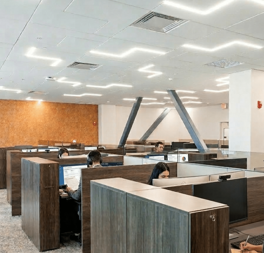 Modern office with cubicles and computers